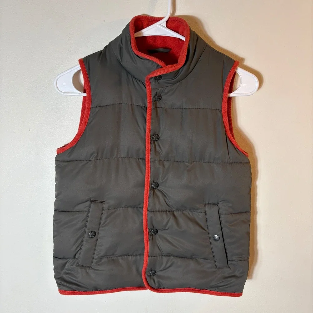 Mini Boden Puffer Vest Taupe Gray with‎ Red Trim Fleece Lined 7-8Y